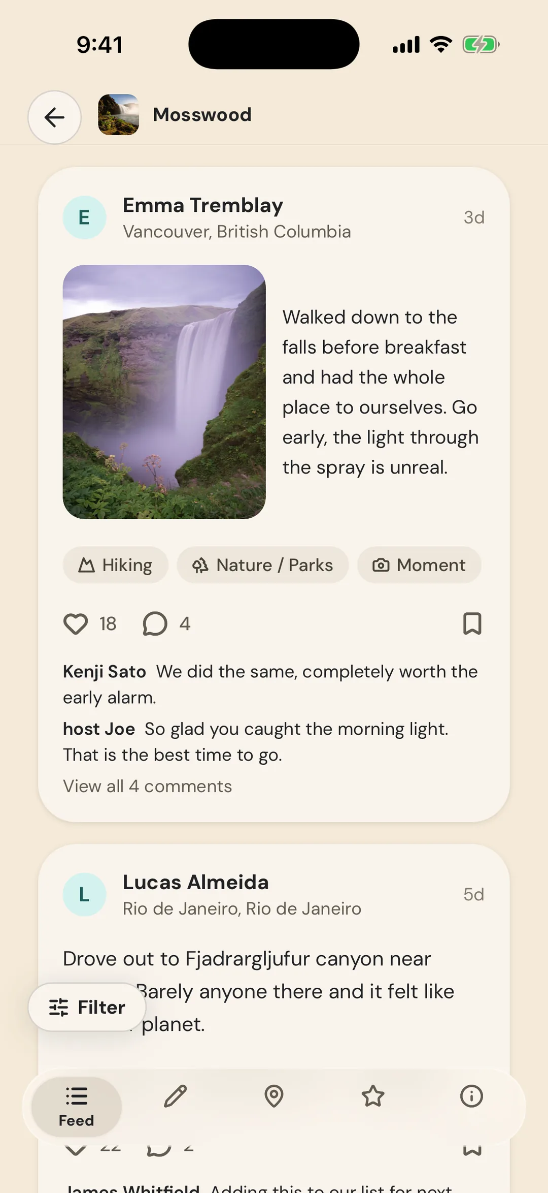 The GuestNest guest feed for a property in Vik, Iceland, showing guest posts with photos, tags, and comments.