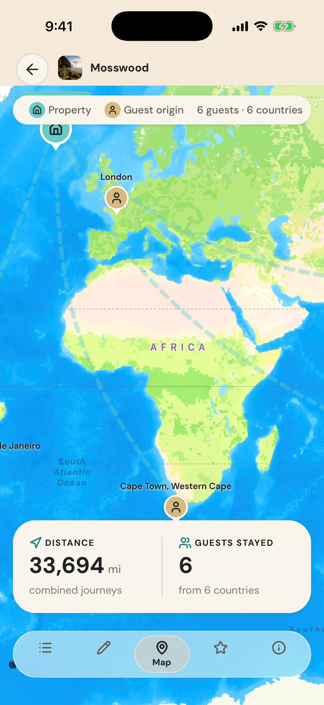 The GuestNest guest-origin map, showing six guests pinned on their home cities worldwide with 33,694 combined miles travelled.